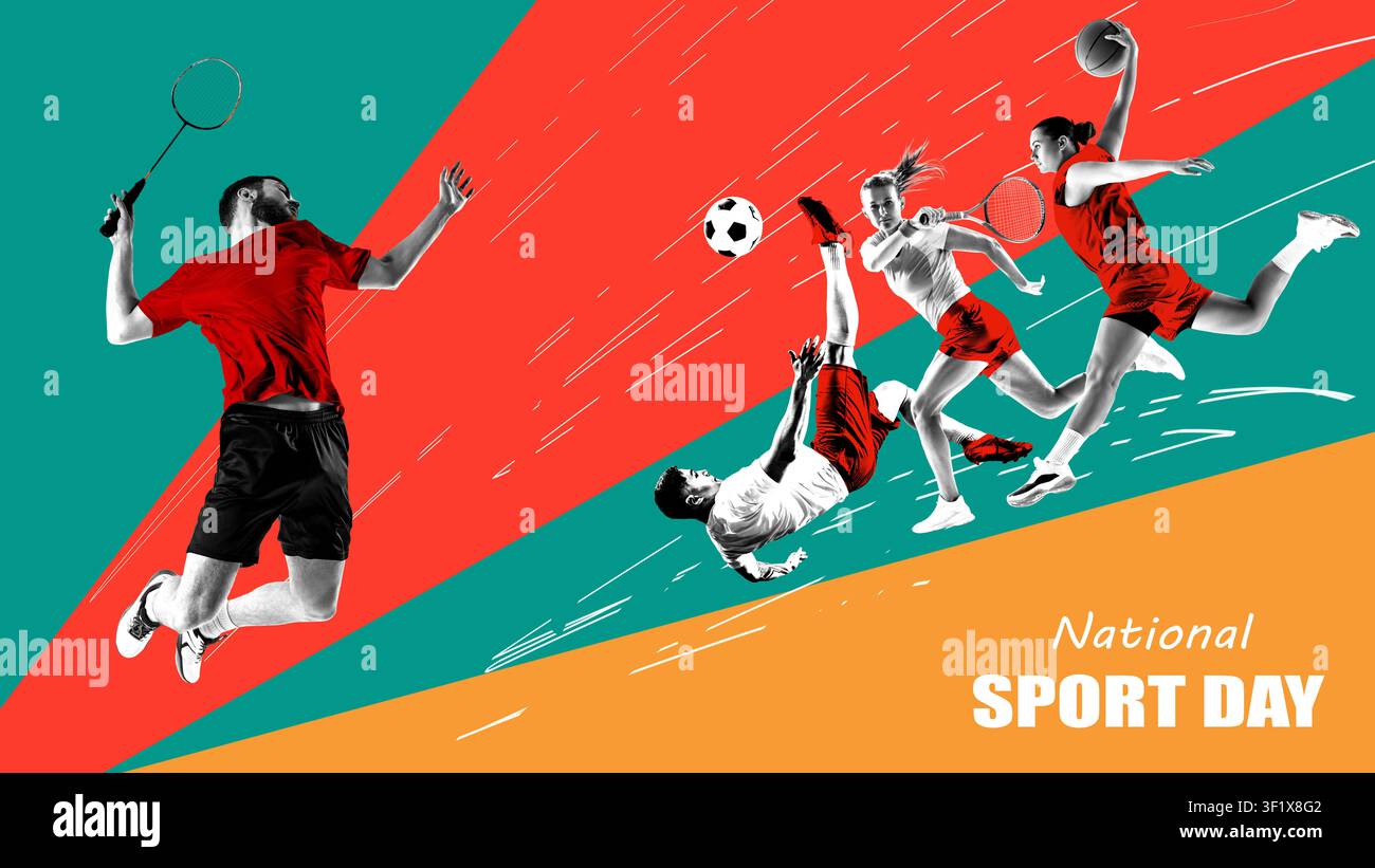Farbenfrohes Sportwerbebanner mit Badminton-, Fußball-, Basketball- und Tennisspielern. Stockfoto