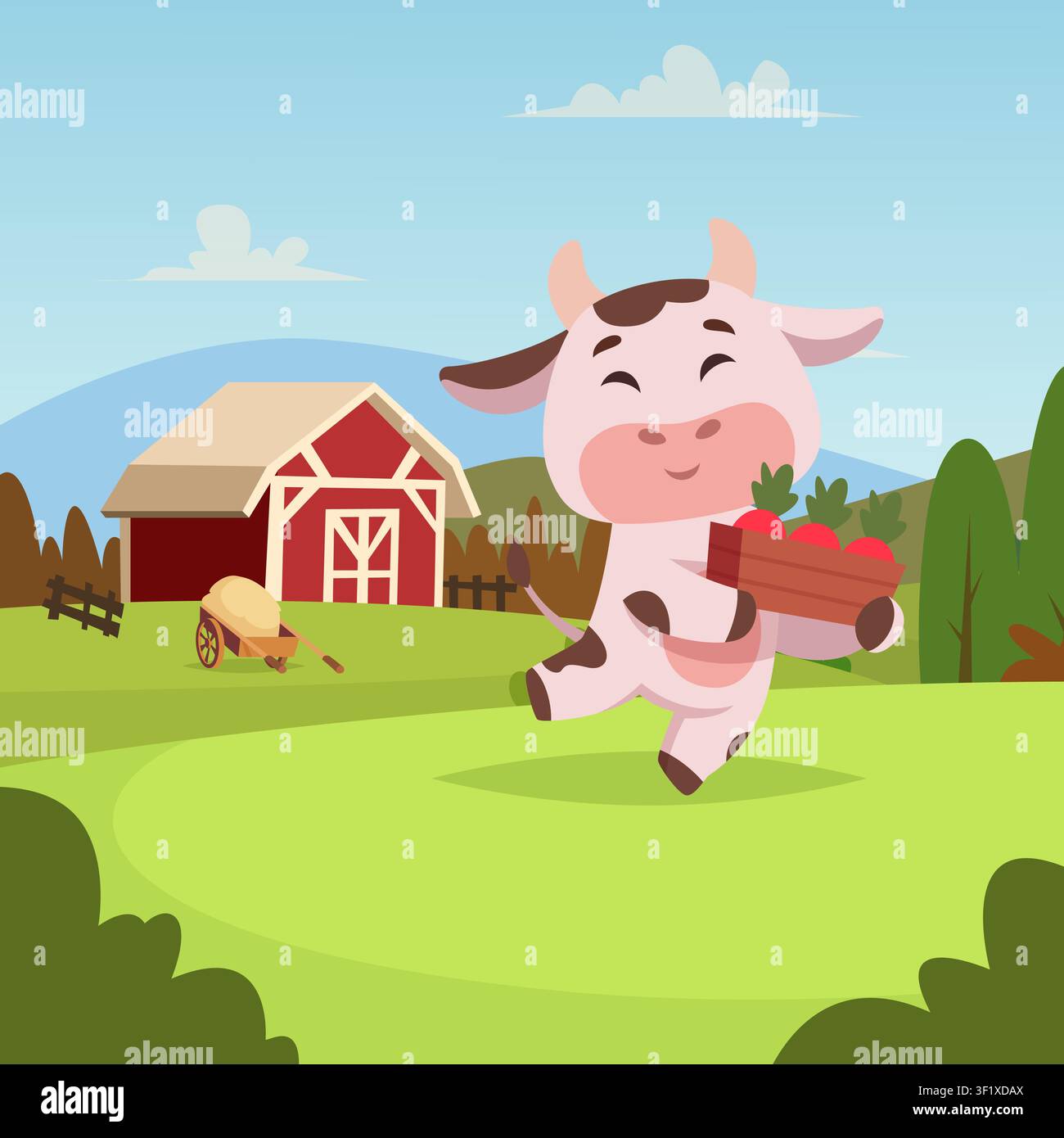 Bauernhofkuh. Vektorillustration einer fröhlichen Cartoon-Kuh, die Äpfel in der Nähe eines Stalls in einer sonnigen Landschaft auf dem Land trägt Stock Vektor