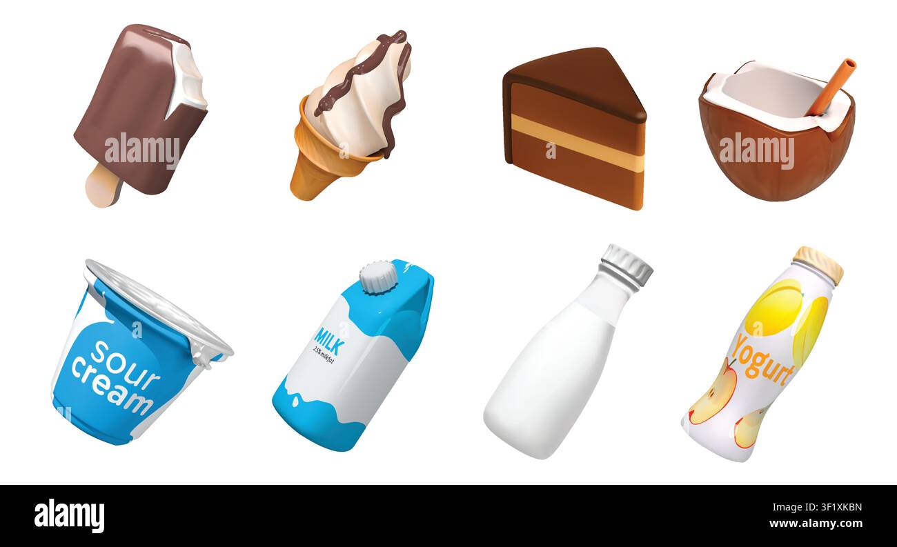 Milchprodukt isolierte 3D-Vektor-Ikonen-Render-Illustrations-Set mit Sauerrahm-Behälter, Milchkarton, Joghurtflasche, Sahneflasche, Schokoladeneis Stock Vektor