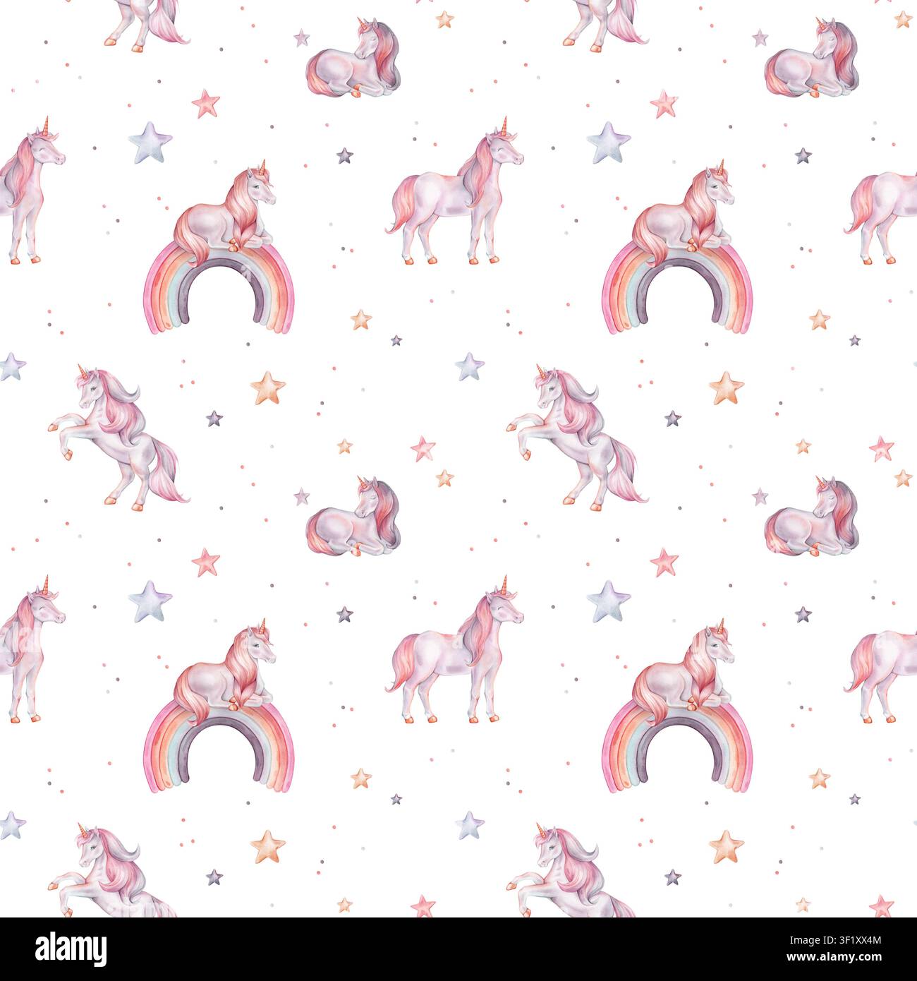 Nahtloses Aquarellmuster mit Einhorn und mehrfarbigen Sternen. Handgezeichnete Illustrationen des Hintergrunds für Kindertagetapeten, Babytextilien oder Stockfoto