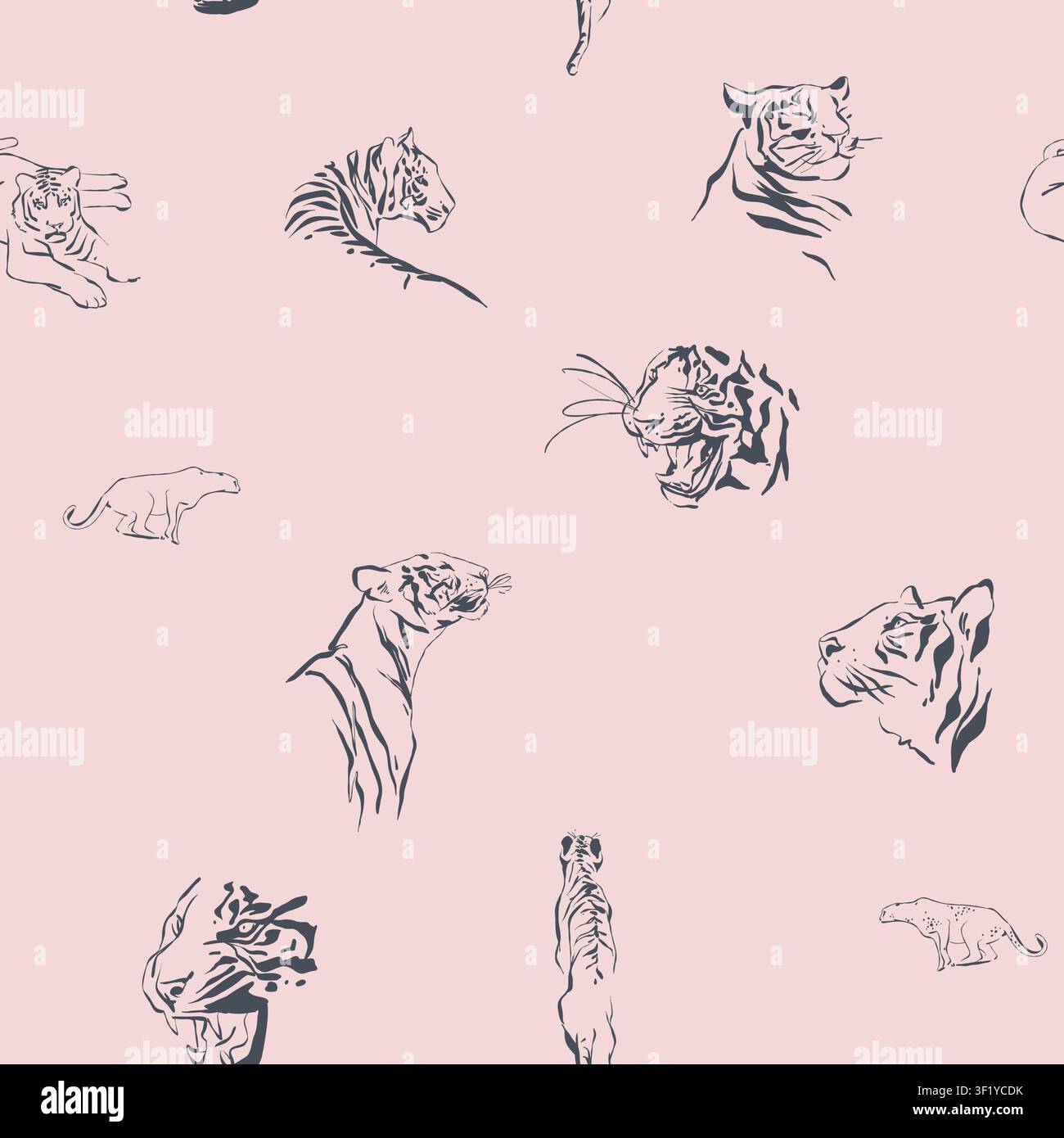 Handgezeichnete Vektorgrafik-Linienkunst nahtloses Muster mit Skizzen von Tigern und wilden Tieren. Vektorillustration von exotischer Natur Umrissmusterlinie Stock Vektor