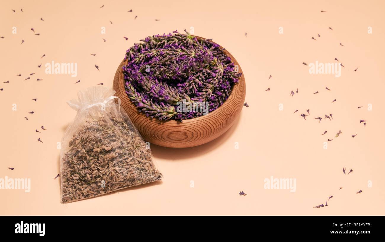Eine rustikale Holzschale gefüllt mit frischen Lavendelstielen wird neben einem durchsichtigen weißen Beutel mit getrocknetem Lavendel präsentiert Stockfoto