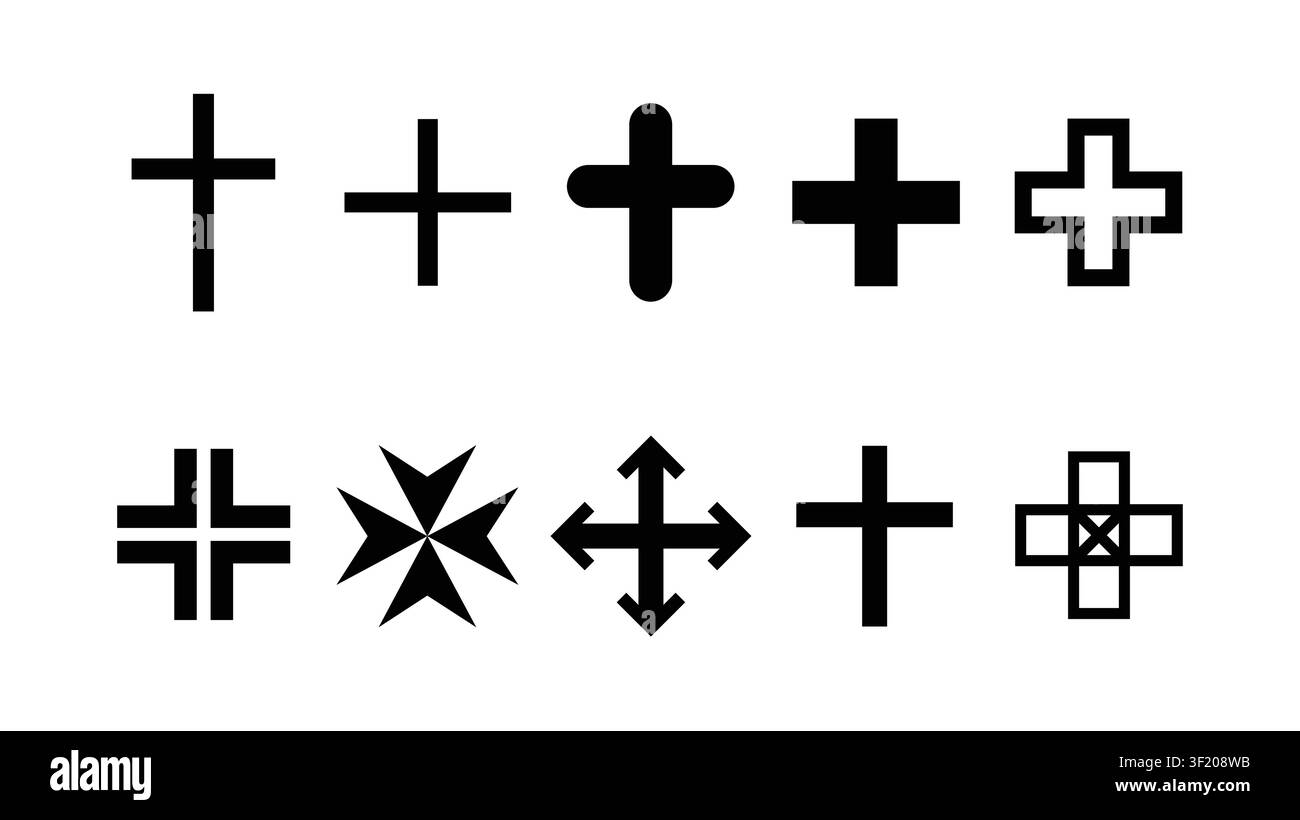 Kreuz-Symbol-Set mit geometrischen Plus-Symbolen für Gesundheitswesen, Medizin, Navigation und Grafikdesign-Vektor Stock Vektor