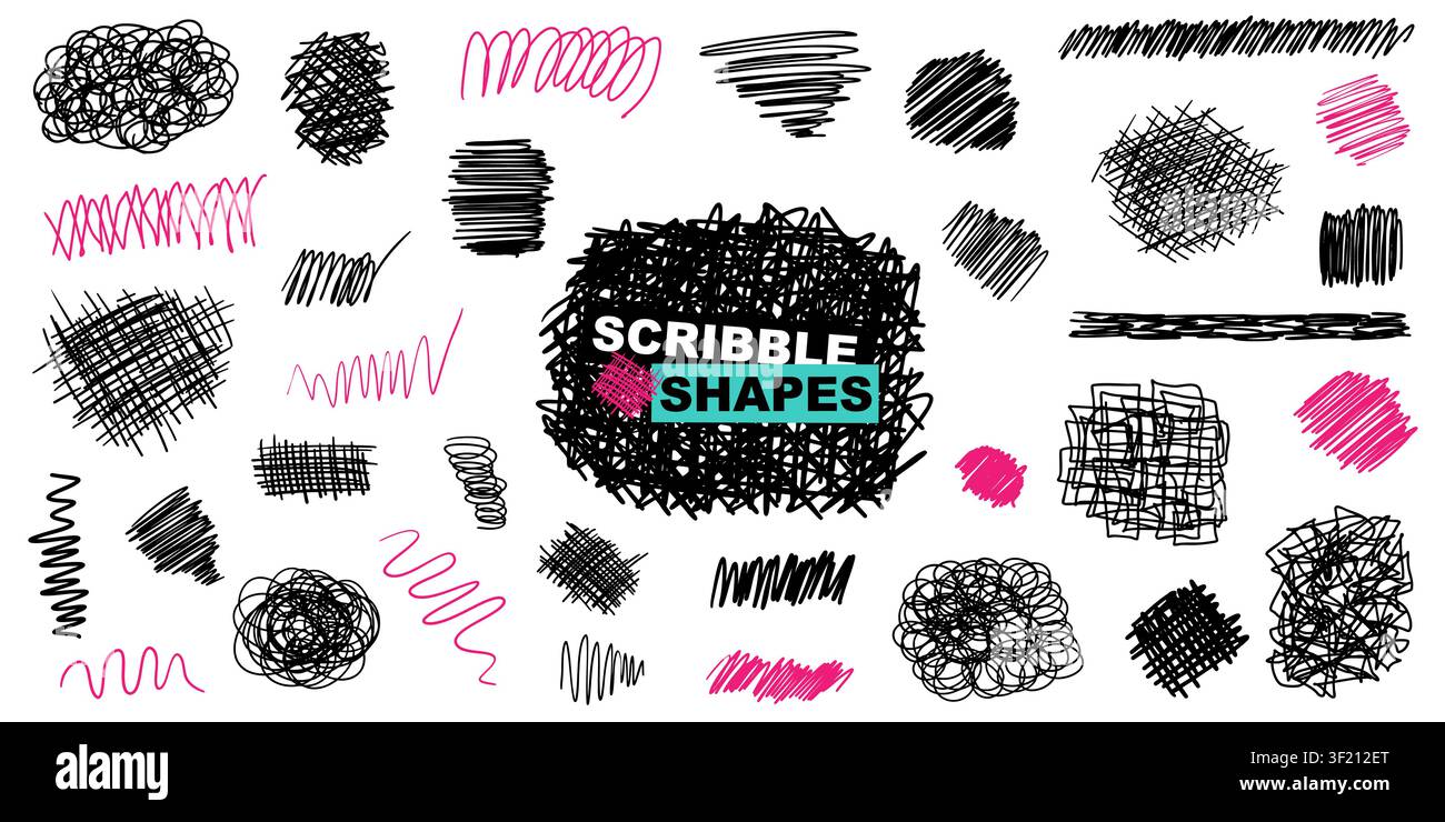 Satz von schwarzen Grunge-Doodle-handgezeichneten Kritzelelementen, Texturen und Kurven, isoliert auf Weiß. Skizzenstil-Tinten-Symbolsammlung. Vektorillustration Stock Vektor