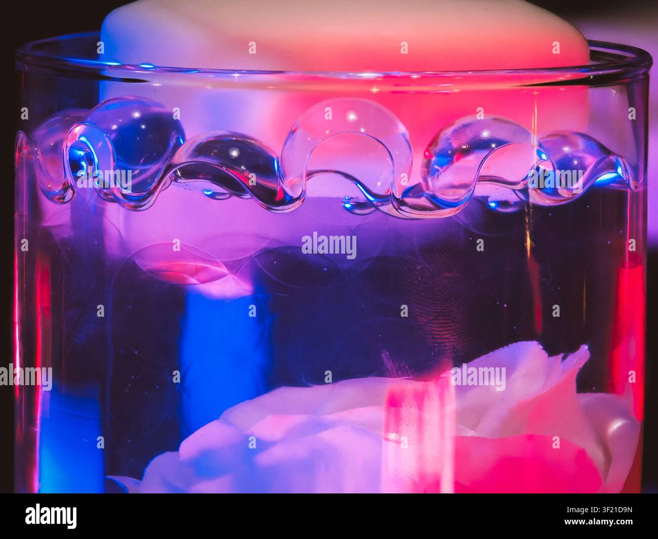Makroaufnahme der WasserOberflächenspannung in einem Glas mit roter und blauer Neonbeleuchtung, die sich in einem versenkten weißen Blütenblatt spiegelt Stockfoto