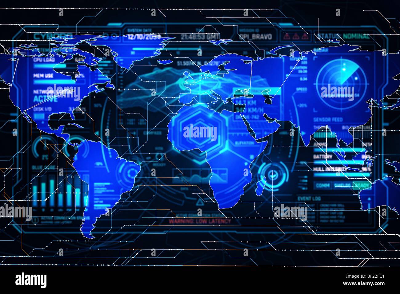 Futuristisches HUD-Interface mit einer digitalen blauen Weltkarte, Datencharts, Radar und Cybersecurity-Analysen. High-Tech-Science-Fiction-Dashboard, das globale Stockfoto