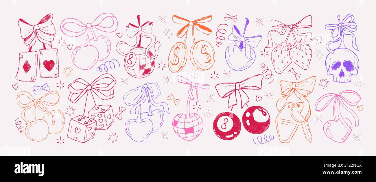 Handgezeichnete Buntstift-rote Kirschfrüchte. Doodle-Kreidebleistift-Coquette-Kirschen mit Schleife, Band, Disco- und Bowlingkugeln, Herzen, Münzen, Spielkarten und Schlüsselsymbolen. Glückspieleelemente mit Skizzenstruktur Stock Vektor