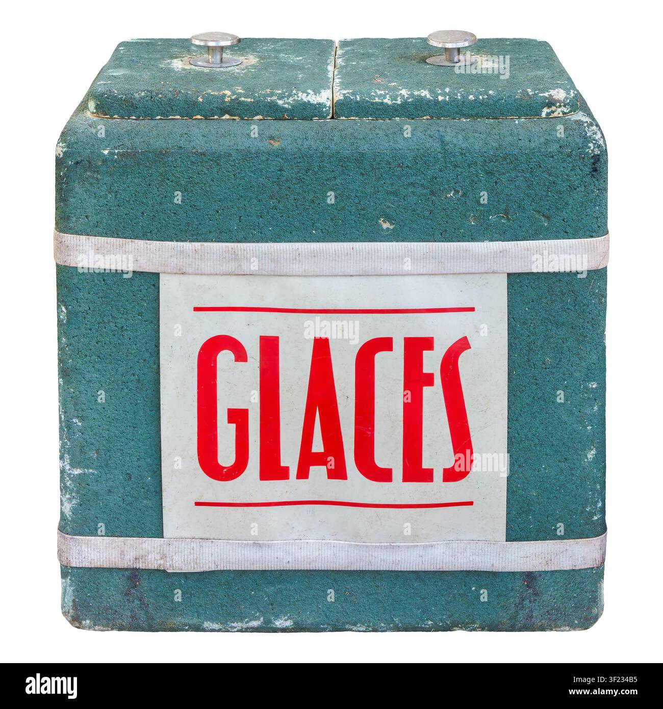 Authentische Vintage-Kühlbox mit dem französischen Text für "Eiscreme" isoliert auf weißem Hintergrund Stockfoto