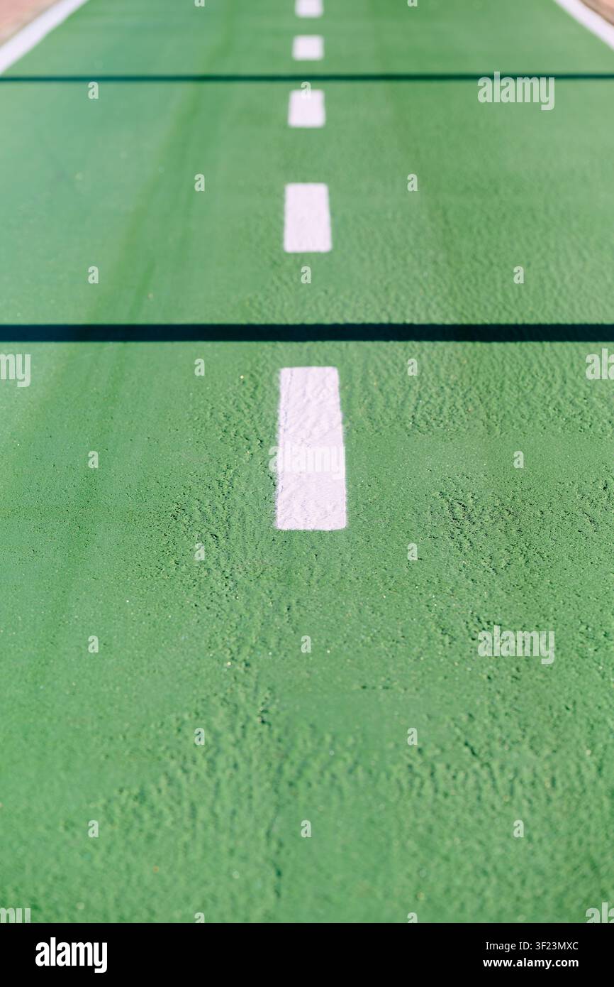 Nahaufnahme der Fahrbahntrennlinie in einer grünen Fahrradspur. Beschilderung und Sicherheit im nachhaltigen und nicht verschmutzenden städtischen Verkehr. Stockfoto