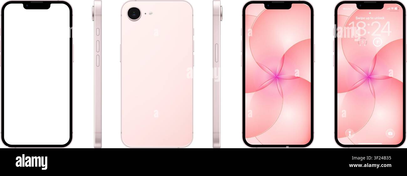 Detailliertes rosa Mobiltelefon-Modell. Vorder-, Rück- und Seitenansicht isoliert auf transparentem Hintergrund. Vektor-PNG Stock Vektor