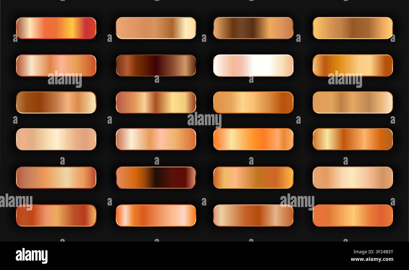 Realistisches bronzefarbenes goldenes Gradienttexturpaket 24 in 1. Füll- und Stricheffekte. Glänzender Gold-Kupfer-Metallfolien-Gradientensatz. Metallische glänzende Knöpfe mit Stock Vektor