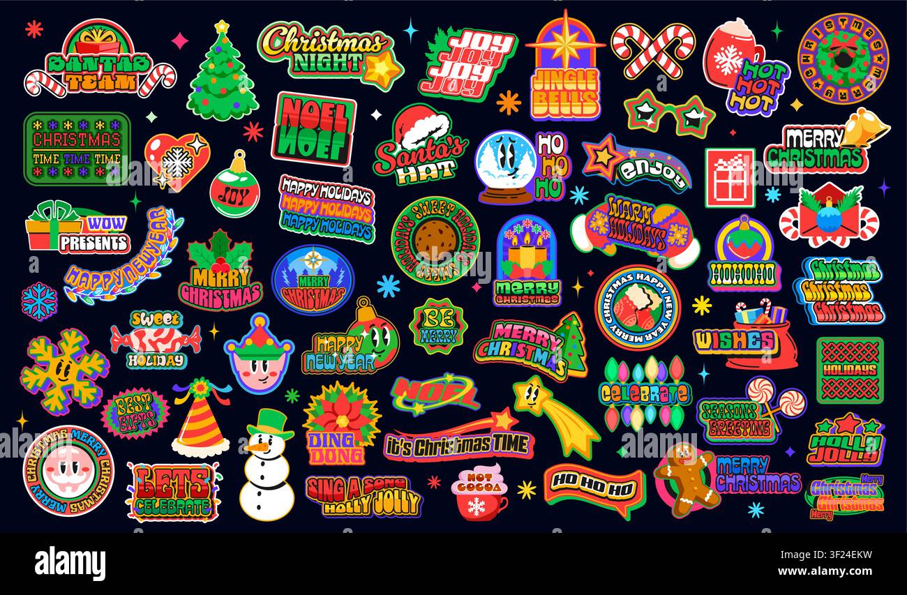 Weihnachts-y2k-groovy-Aufkleber, Neujahrs-funky-Patch-Etiketten, Vektor-Weihnachts-Winterurlaub. Cartoon-Retro-y2k-Weihnachtsbaum, Weihnachtsgeschenk- und Schneemann-Charaktere. Groovy-Weihnachtsstrumpf, Glocken- oder Sternenaufkleber Stock Vektor