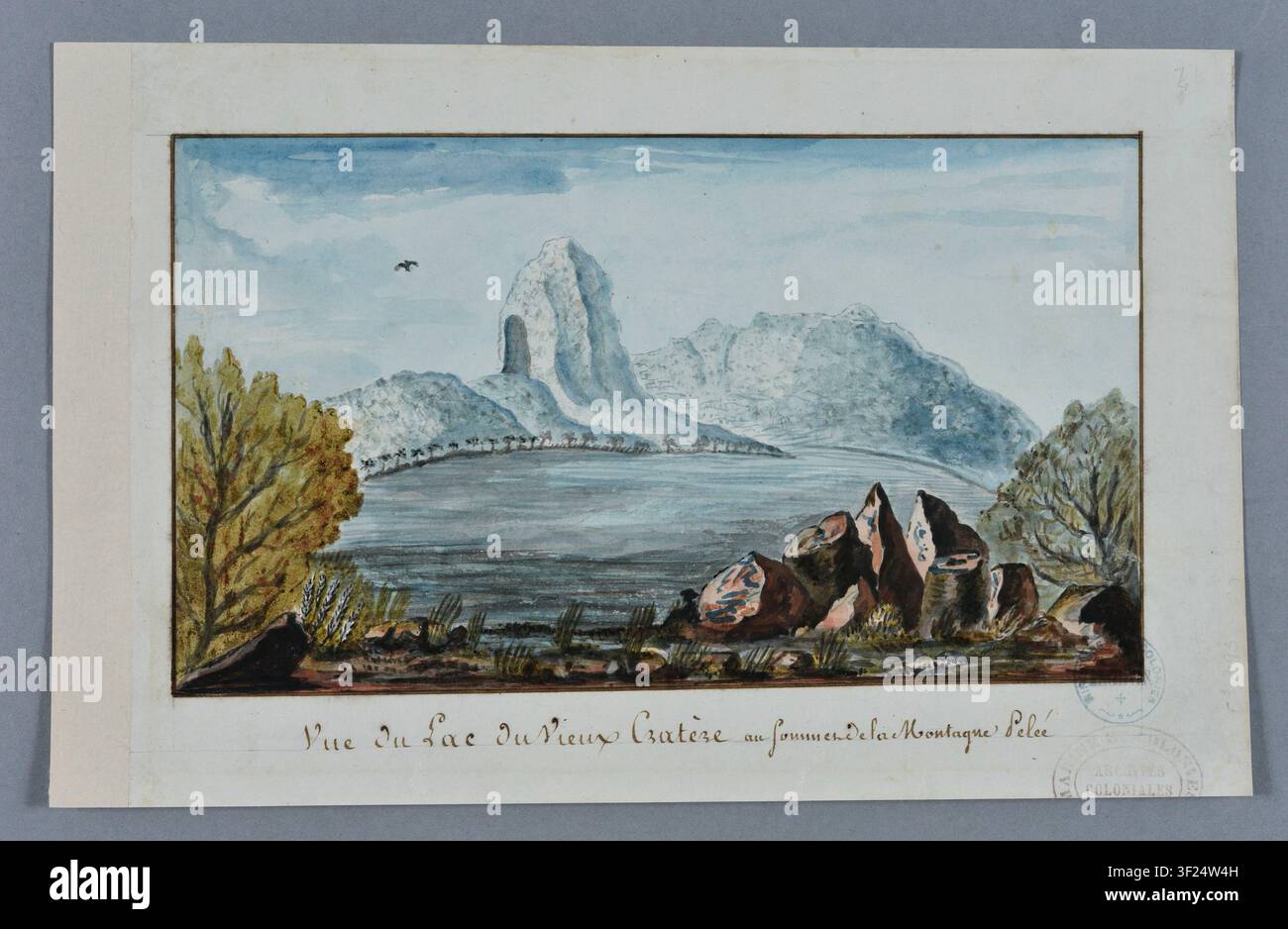 Eine Karte von 1810 des Vieux Cratère-Sees auf dem Gipfel der Montagne Pelée, von Louis-Élie Moreau de Saint-Méry, einem französischen Archivar und Kartographen. Stockfoto