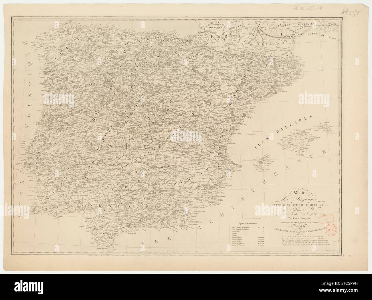 Eine Karte der Königreiche Spanien und Portugal, gezeichnet von Jean Baptiste Louis Charle, einem französischen Kartographen, im Jahr 1851, mit Topographie gestocht von P. Dumortier und Schrift von Aubert Junior. Stockfoto