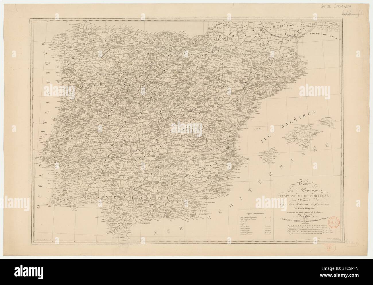Eine Karte der Königreiche Spanien und Portugal, gezeichnet von Jean Baptiste Louis Charle, einem französischen Kartografen, im Jahr 1852, mit von P. Dumortier gravierten Topografien und Beschriftungen von Aubert Junior. Stockfoto