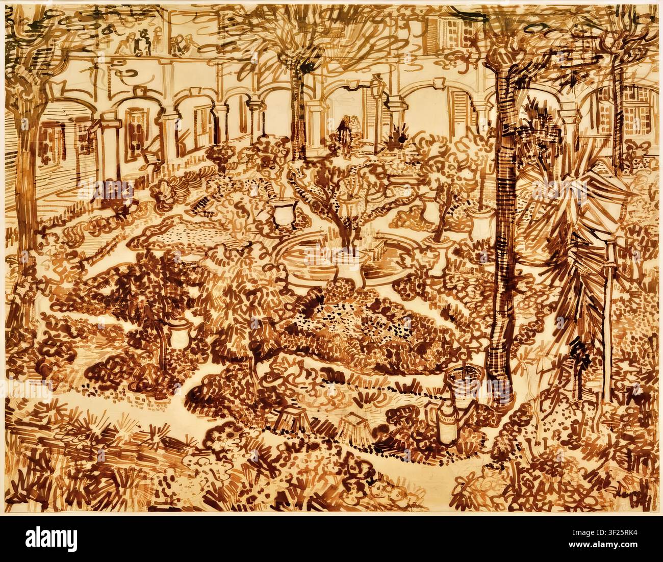 Vincent van Gogh – Garten des Hospitals (Der Innenhof des Hospitals in Arles) / Garten des Hospitals in Arles, 1889 Postimpressionismus Landschaft Zeichnung Bleistift, Schilfstift und Tinte auf Papier Stockfoto