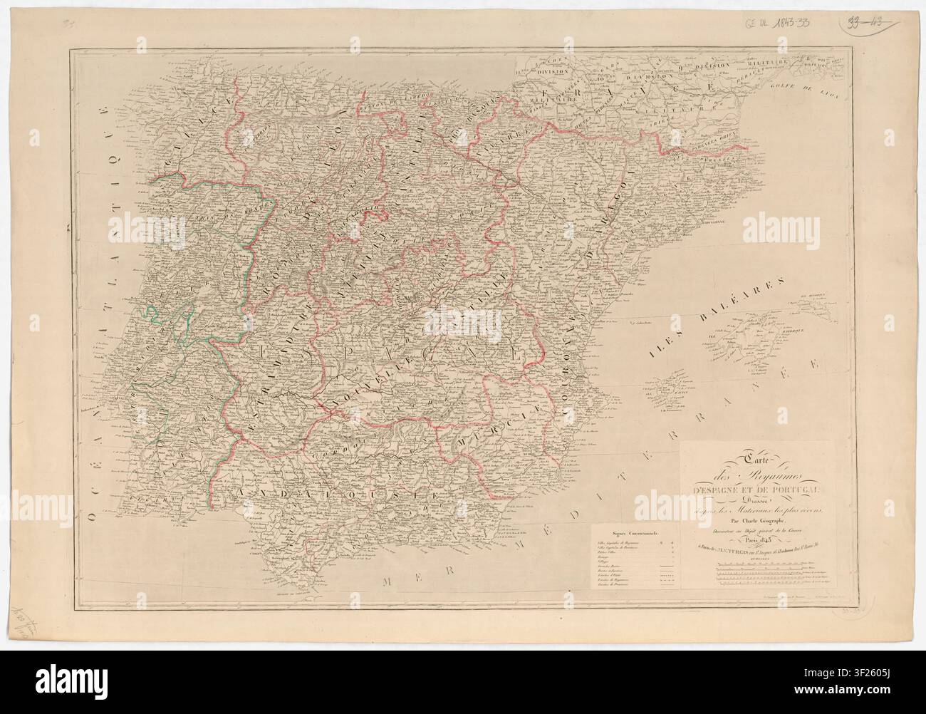 Eine Karte der Königreiche Spanien und Portugal, gezeichnet von Jean Baptiste Louis Charle, einem Kartografen, im Jahr 1843, mit Topografie gestocht von P. Dumortier und Beschriftung von Aubert Junior. Stockfoto