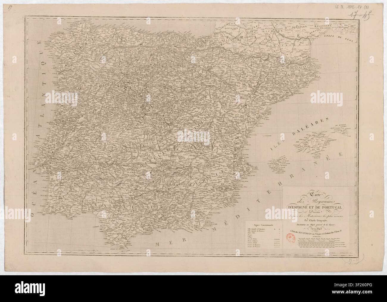 Eine Karte der Königreiche Spanien und Portugal, gezeichnet von Jean Baptiste Louis Charle, einem französischen Kartographen, im Jahr 1845, mit von P. Dumortier gravierter Topografie und Schrift von Aubert Junior. Stockfoto