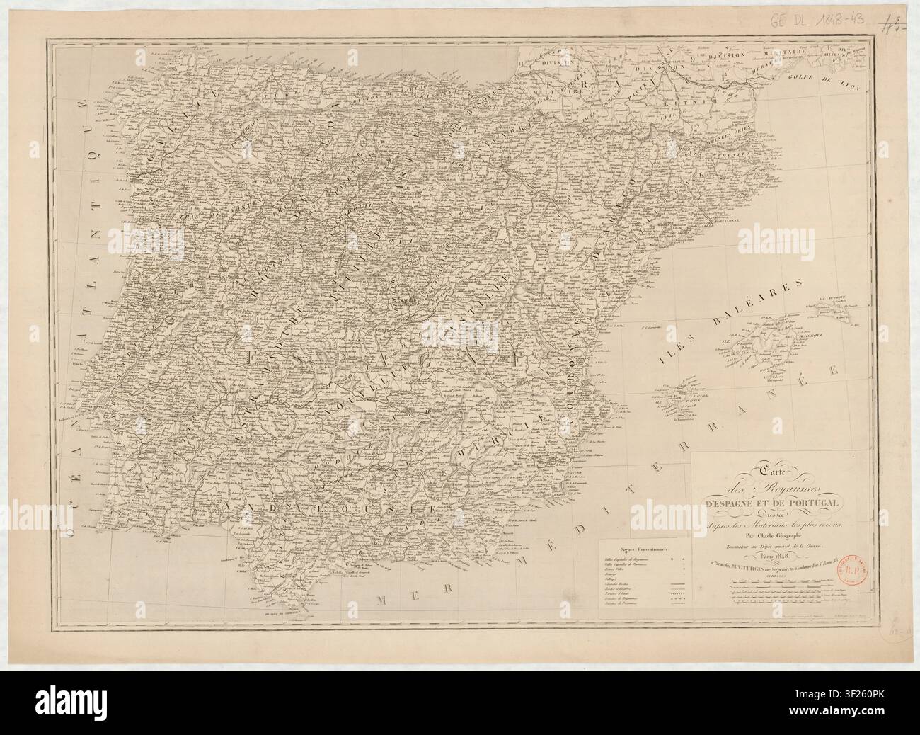 Eine Karte der Königreiche Spanien und Portugal, gezeichnet von Jean Baptiste Louis Charle, einem französischen Kartographen, im Jahr 1848, mit von P. Dumortier gravierter Topographie und Beschriftung von Aubert Junior. Stockfoto