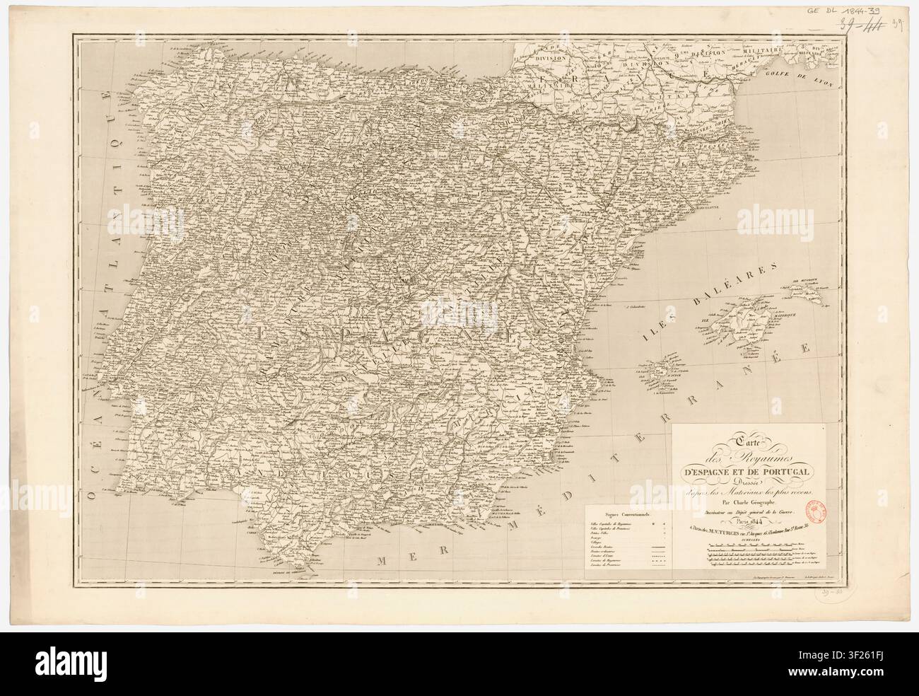 Eine Karte der Königreiche Spanien und Portugal, gezeichnet von Jean Baptiste Louis Charle, einem französischen Kartographen, im Jahr 1844, mit Topografie gestochen von P. Dumortier und Schrift von Aubert Junior. Stockfoto
