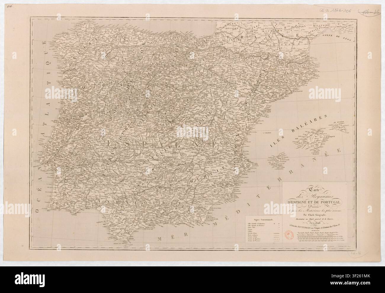 Eine Karte der Königreiche Spanien und Portugal, gezeichnet von Jean Baptiste Louis Charle, einem französischen Kartografen, im Jahr 1846, mit von P. Dumortier gravierter Topografie und Schrift von Aubert Junior. Stockfoto