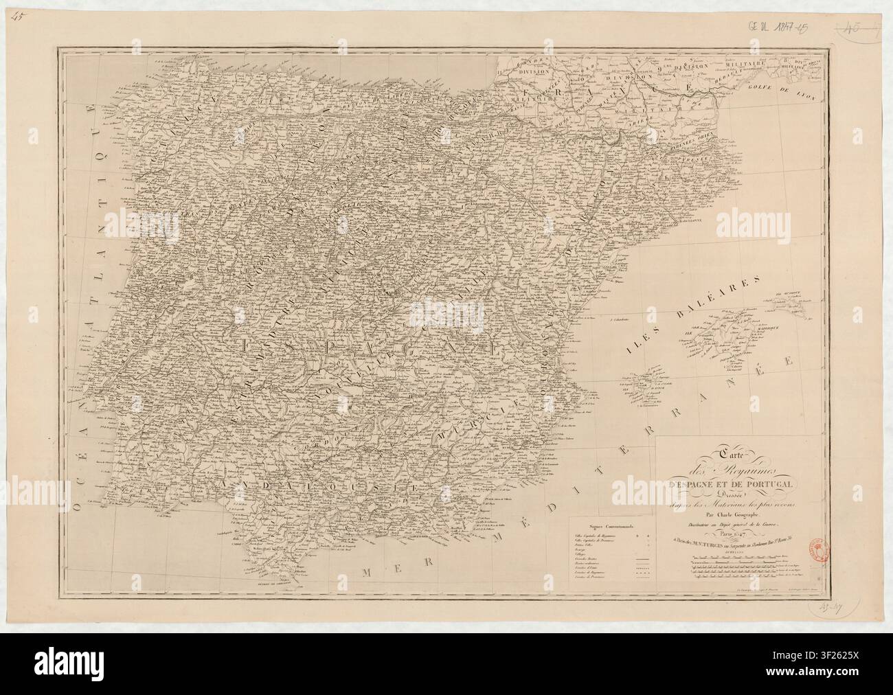 Eine Karte der Königreiche Spanien und Portugal, gezeichnet von Jean Baptiste Louis Charle, einem französischen Kartographen, im Jahr 1847, mit Topografie graviert von P. Dumortier und Schrift von Aubert Junior. Stockfoto