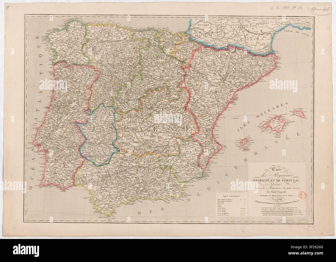 Eine Karte der Königreiche Spanien und Portugal, gezeichnet von Jean Baptiste Louis Charle, einem französischen Kartographen, im Jahr 1845, mit von P. Dumortier gravierter Topografie und Schrift von Aubert Junior. Stockfoto