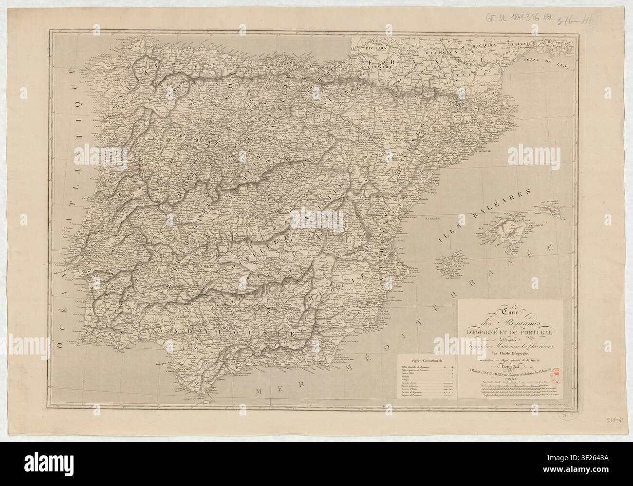 Eine Karte der Königreiche Spanien und Portugal, gezeichnet von Jean Baptiste Louis Charle, einem Kartographen, im Jahr 1842, mit von P. Dumortier gravierter Topographie und Schrift von Aubert Junior. Stockfoto