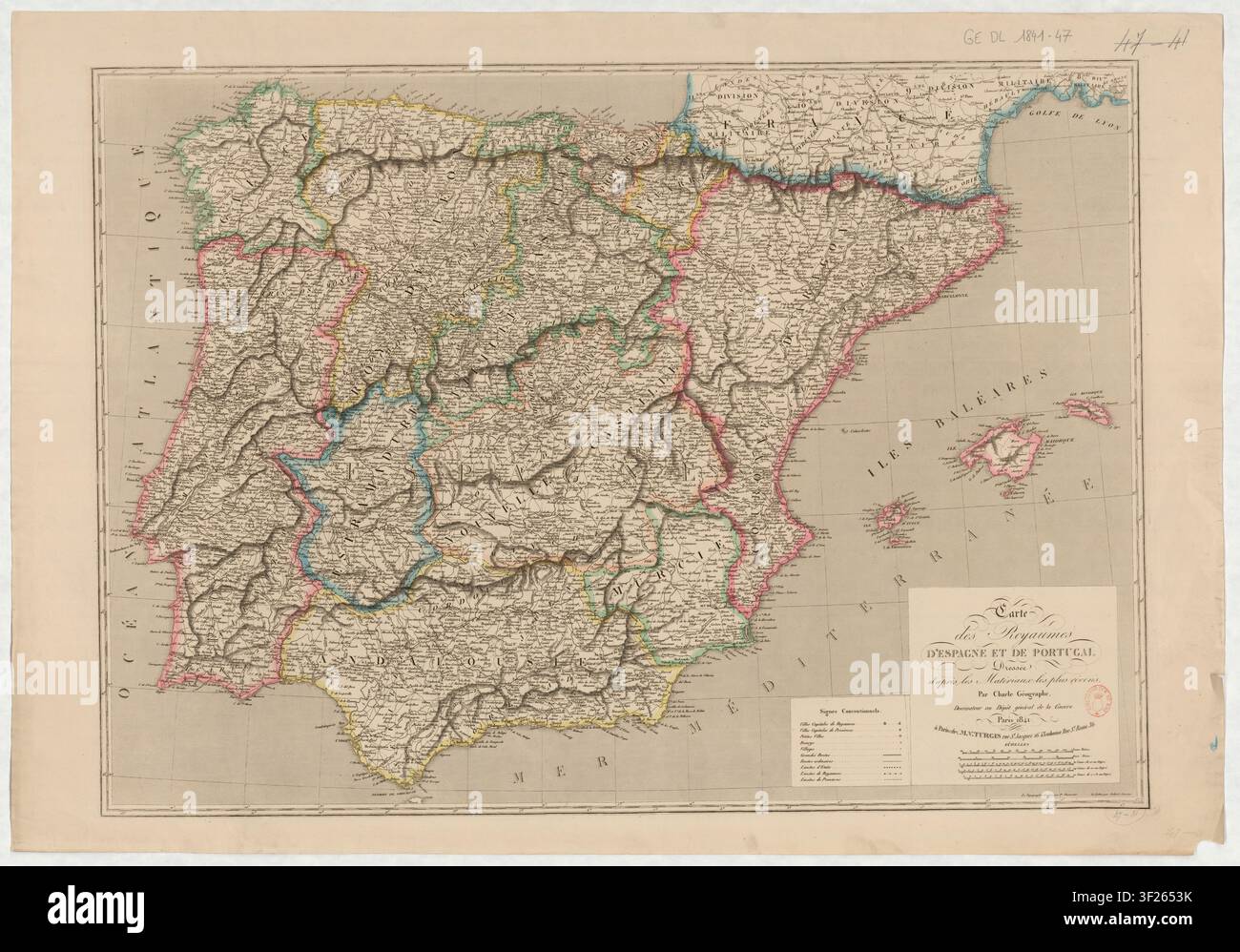 Eine Karte der Königreiche Spanien und Portugal, gezeichnet von Jean Baptiste Louis Charle, einem französischen Kartographen, im Jahr 1841, mit Topografie gestochen von P. Dumortier und Schrift von Aubert Junior. Stockfoto
