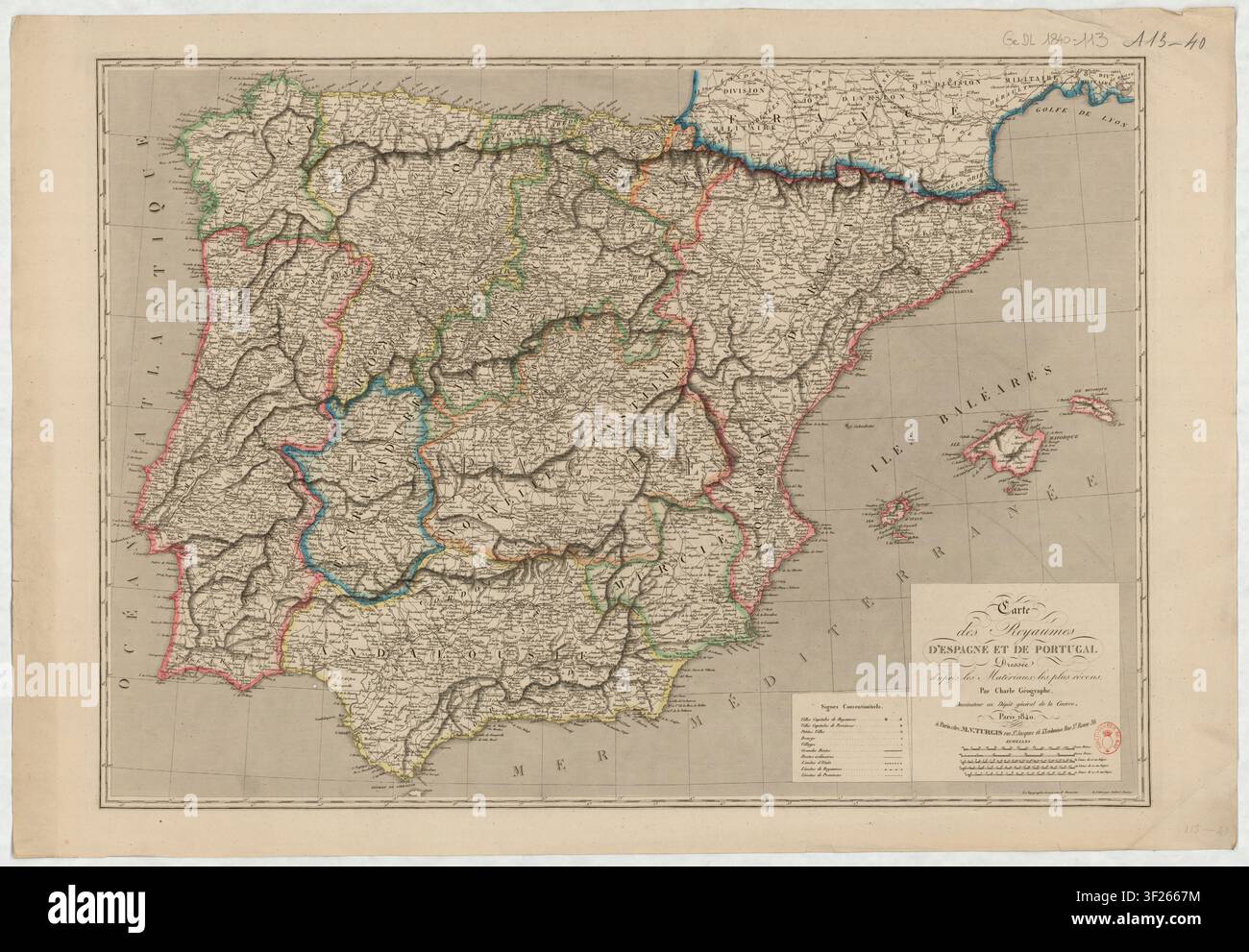 Eine Karte der Königreiche Spanien und Portugal, gezeichnet von Jean Baptiste Louis Charle, einem französischen Kartographen, im Jahr 1840, mit Topografie gestocht von P. Dumortier und Beschriftung von Aubert junior. Stockfoto