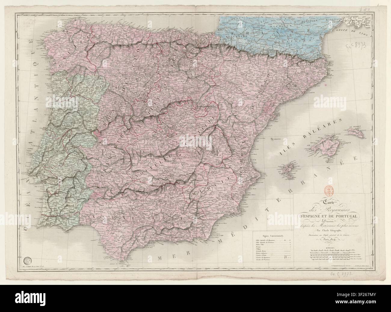 Eine Karte der Königreiche Spanien und Portugal, gezeichnet von Jean Baptiste Louis Charle, gestochen von P. Dumortier und beschriftet von Aubert, junior, veröffentlicht im Jahr 1824, die die politischen und administrativen Einteilungen der Iberischen Halbinsel zeigt. Stockfoto
