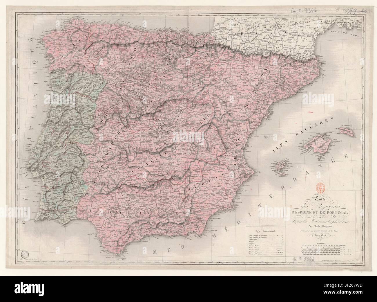 Eine Karte der Königreiche Spanien und Portugal, gezeichnet von Jean Baptiste Louis Charle, einem französischen Geographen und Zeichner am Dépôt de la Guerre, im Jahr 1824, mit Topographie gestocht von P. Dumortier und Schrift von Aubert, Junior. Stockfoto