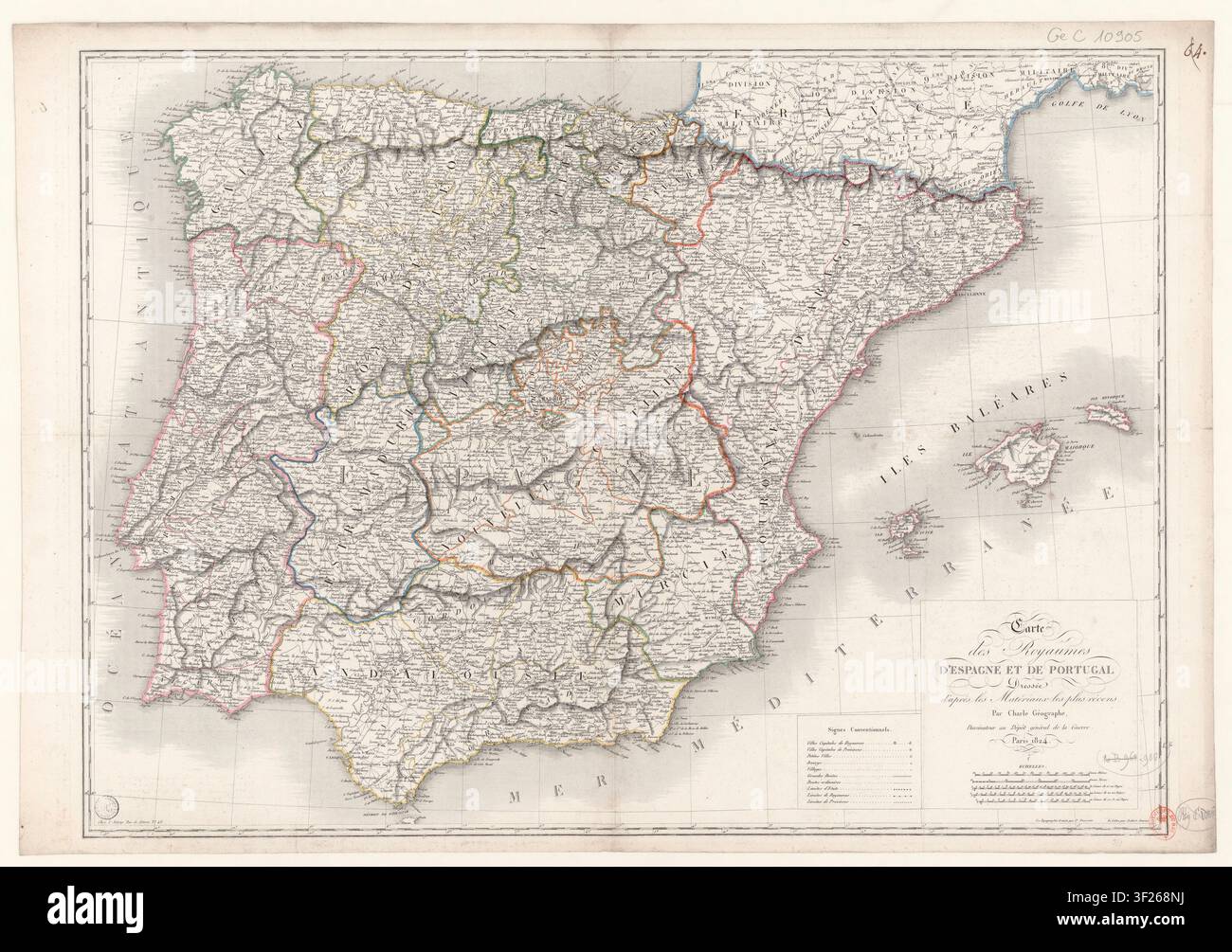 Eine Karte der Königreiche Spanien und Portugal, gezeichnet von Jean Baptiste Louis Charle, einem französischen Kartographen, im Jahr 1824, mit Topografie gestocht von P. Dumortier und Schrift von Aubert, Junior. Stockfoto