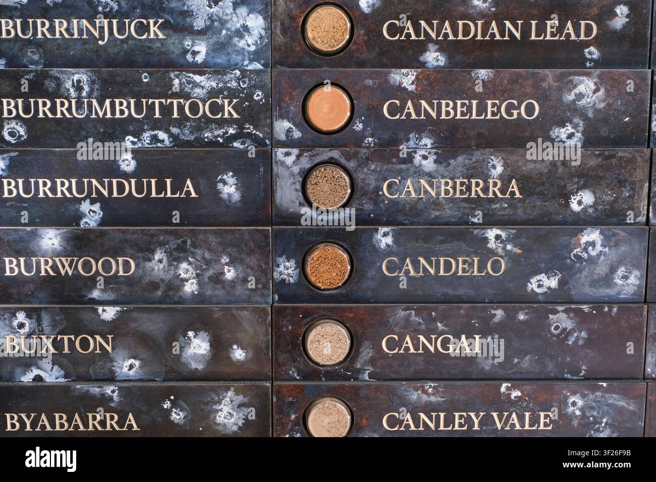 U-Bahn-Denkmal aus schwarzem Granit mit Erde aus jeder Soldatenstadt der Streitkräfte. Am ANZAC-Kriegsdenkmal in Sydney, NSW, Australien. Stockfoto