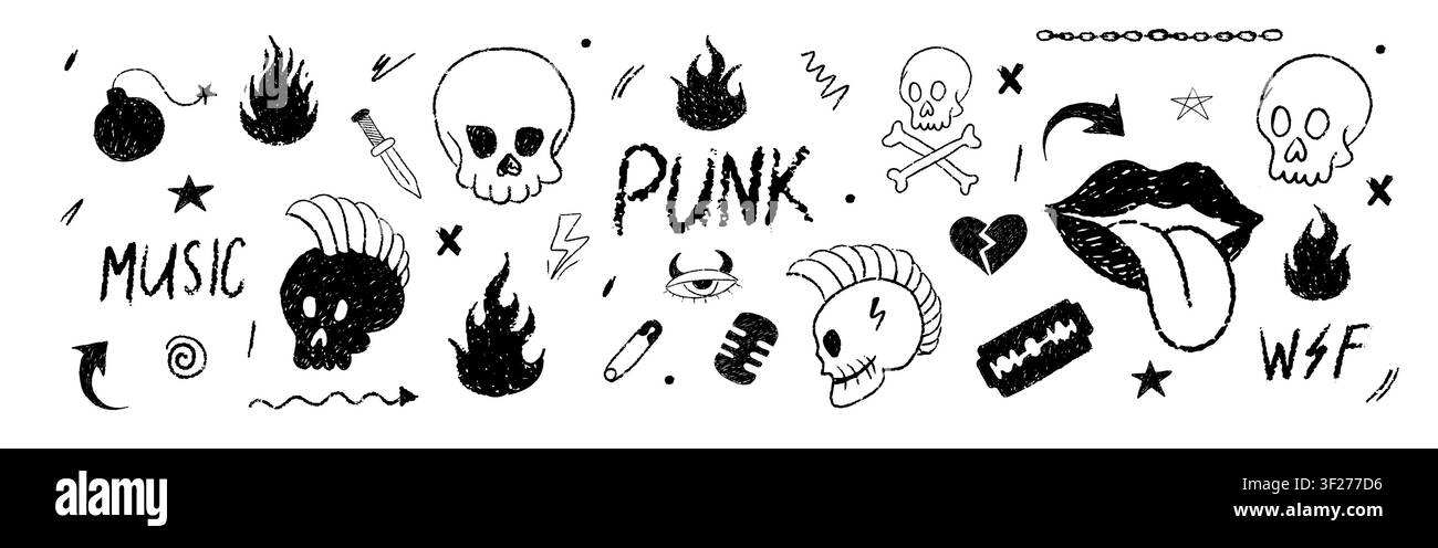 Punk-Kritzelmalerei. Underground-Punk-Kunstsammlung. Handgezeichnete Totenkopfaufkleber. Wachsstift-Kritzeleien. Raue Pinselstrich-Kollage. Vektorillustration Stock Vektor