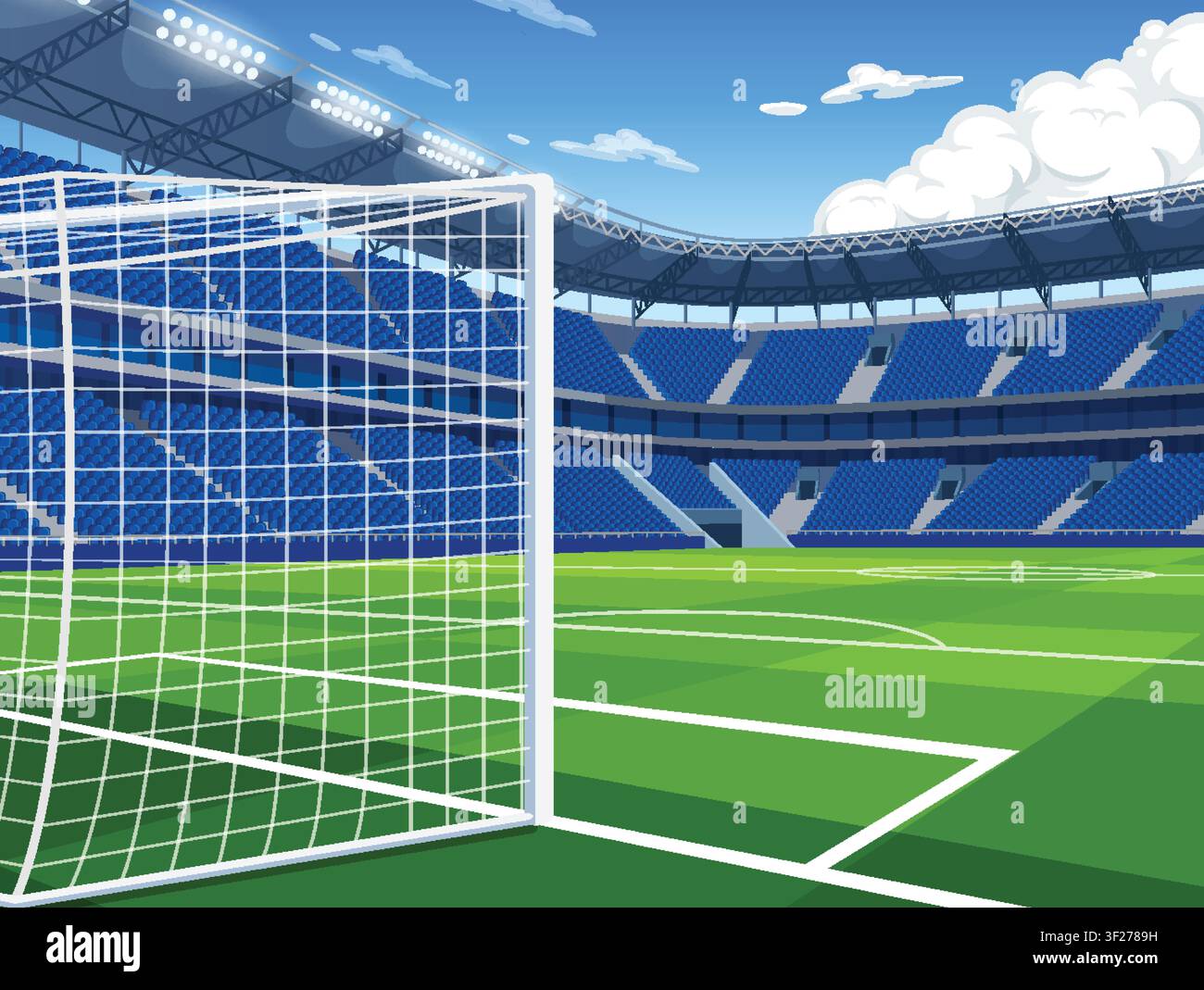 Vektorillustration einer professionellen Sportarena mit blauen Sitzen unter einem hellen Himmel. Stock Vektor