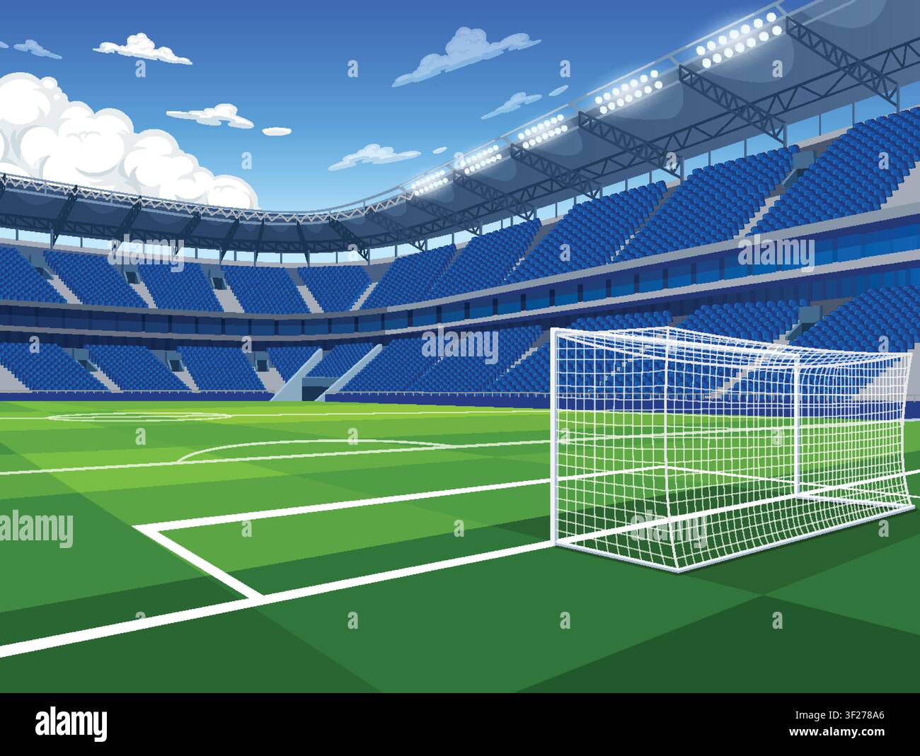 Vektorillustration einer leeren Sportarena mit grünem Rasen, Torpfosten und blauen Sitzplätzen. Stock Vektor