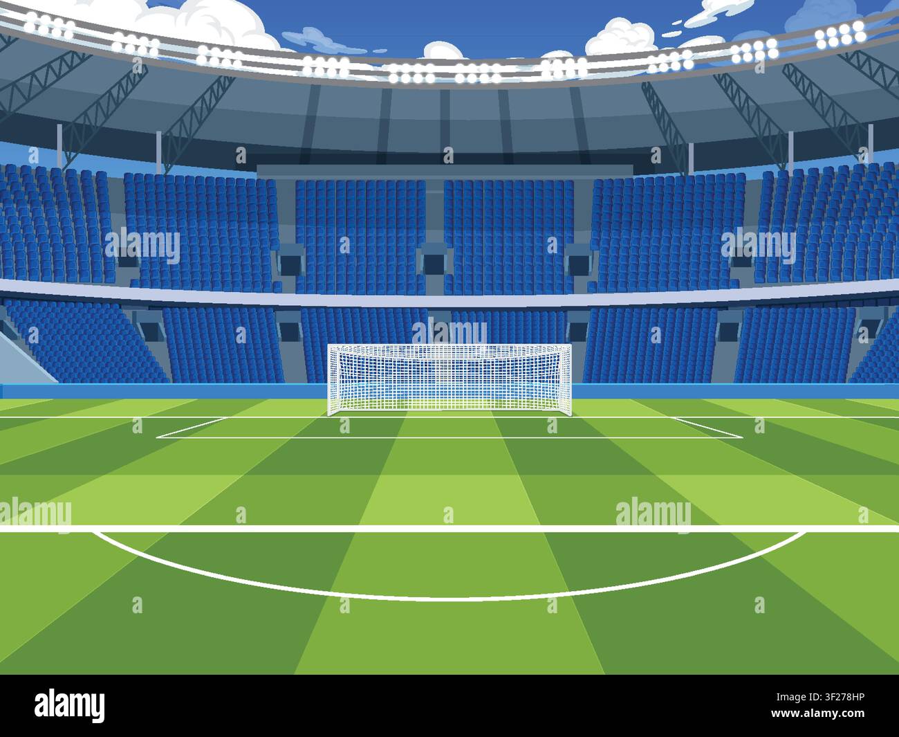 Flache Vektorillustration einer professionellen Fußballarena mit blauen Sitzen und hellen Flutlichtern. Stock Vektor