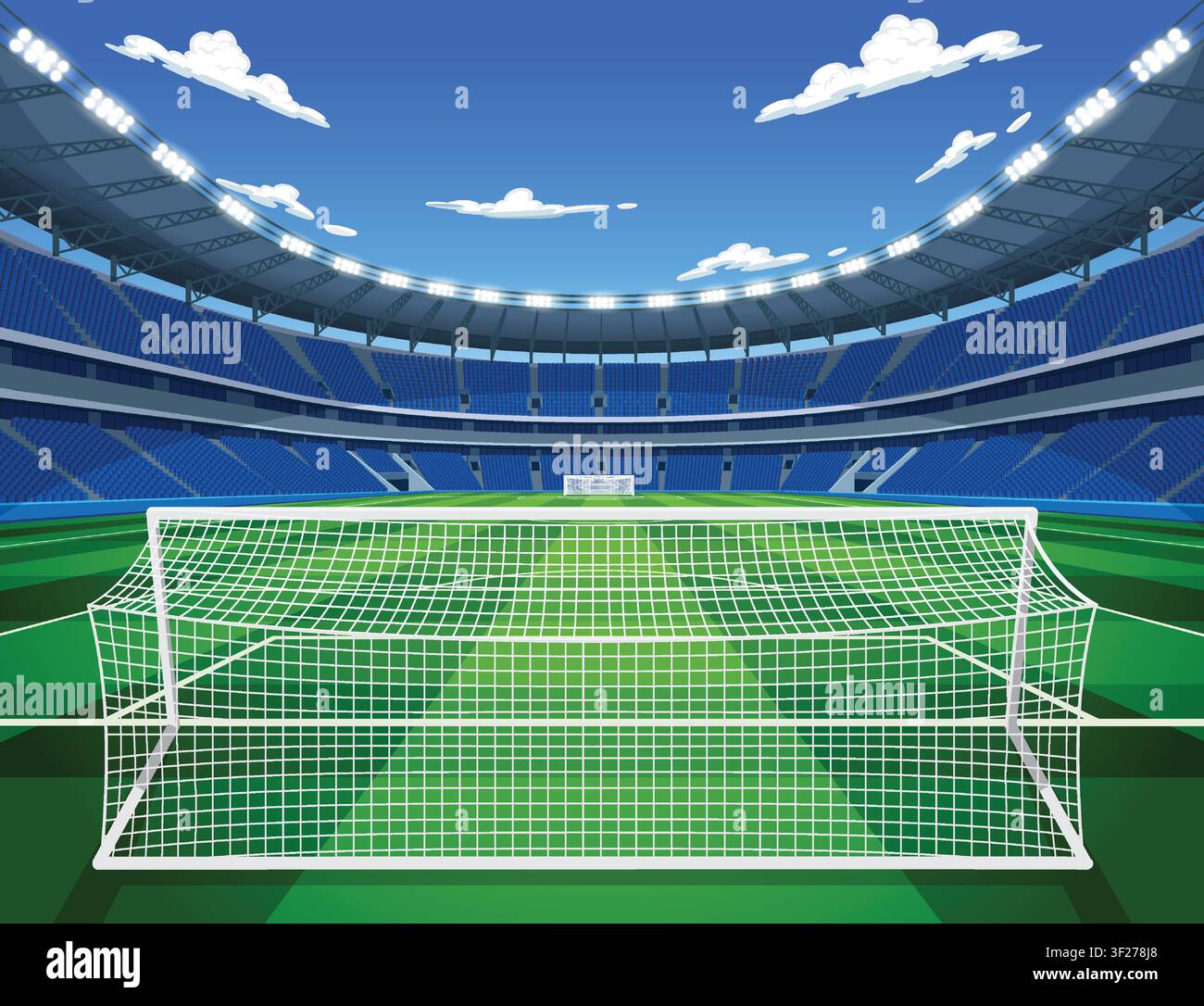 Vektorillustration einer professionellen Fußballarena mit grünem Rasen, Tornetz und Flutlicht. Stock Vektor