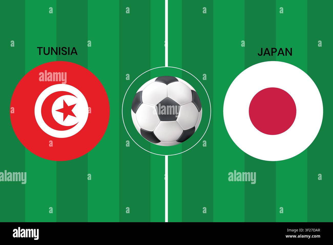 Fußball-Spiel-Konzept Tunesien vs. Japan mit Nationalflaggen auf grünem Fußballfeld, perfekt für Sportveranstaltungs-Promotionen und Matchday-Banner. Stock Vektor