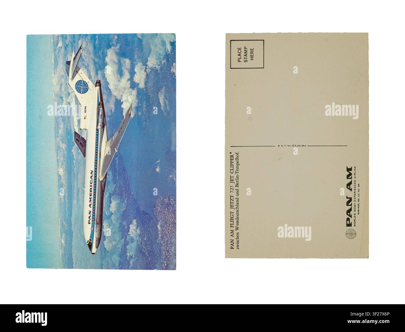Sibiu Stadt, Rumänien - 31. Mai 2020 eine Vintage-Postkarte mit einer Boeing 727 der Pan American World Airways Stockfoto