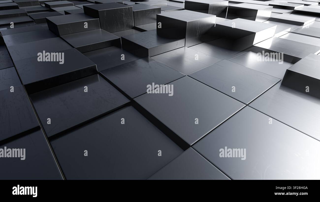 Nahaufnahme von futuristischen metallischen Würfeln, die eine geometrische abstrakte Oberfläche bilden. 3D-renderter Hintergrund mit glänzenden dunklen Blöcken, Tiefe und Lichtreflexion Stockfoto