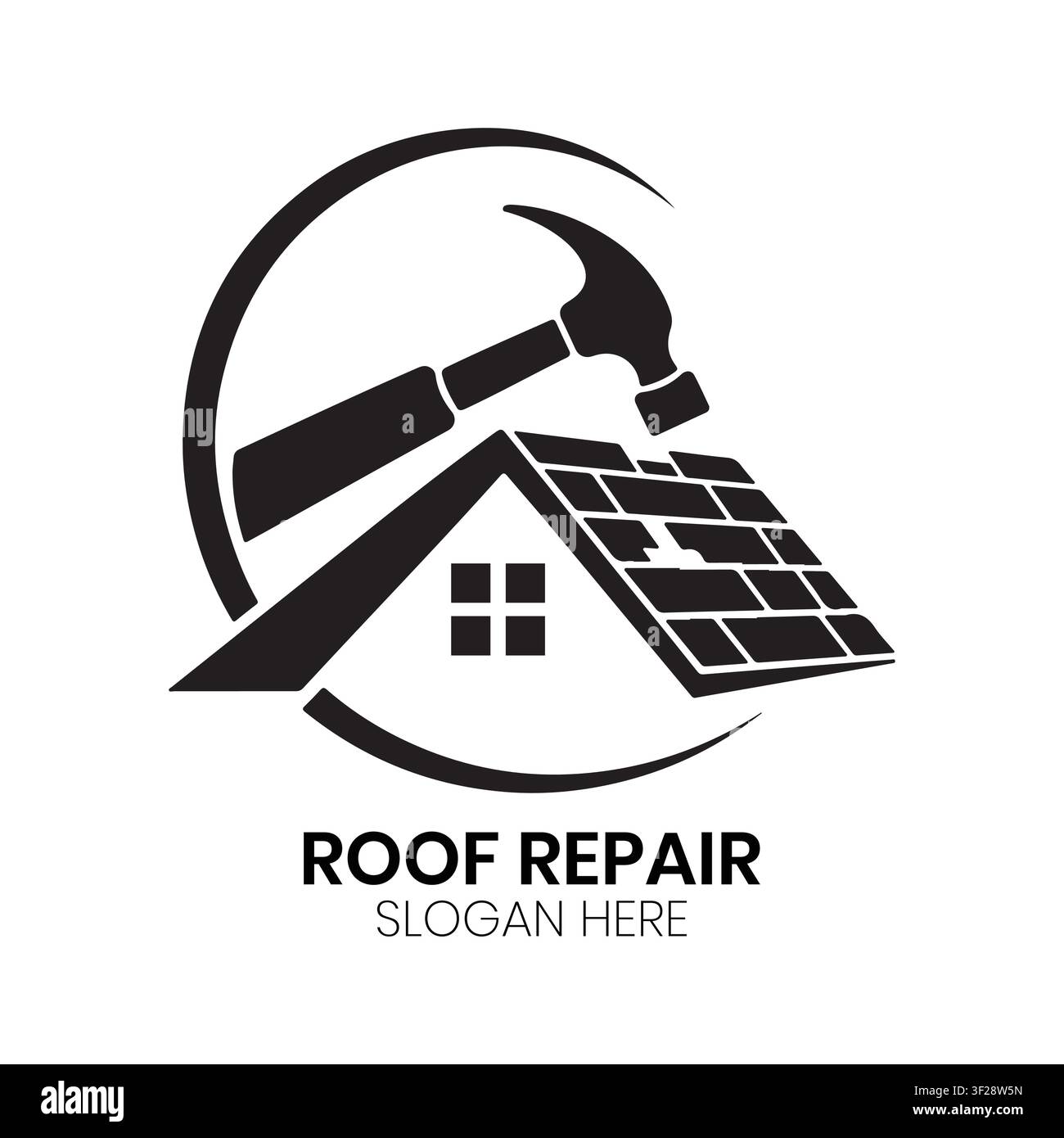 Das Roof Repair-Logo steht für professionelle Bauleistungen, die Hausdacharbeiten und Hammerwerkzeuge für Heimwerker und Handwerker für die Hauswartung umfassen. Stock Vektor