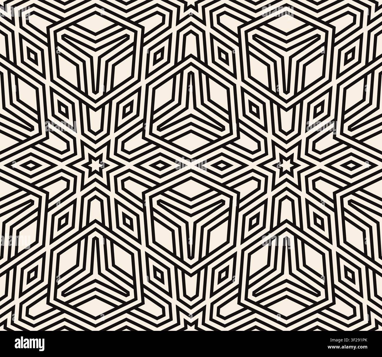 Schwarz und Beige nahtloses geometrisches Muster. Abstrakter ethnischer Labyrinth-Ornament-Hintergrundvektor. Stock Vektor