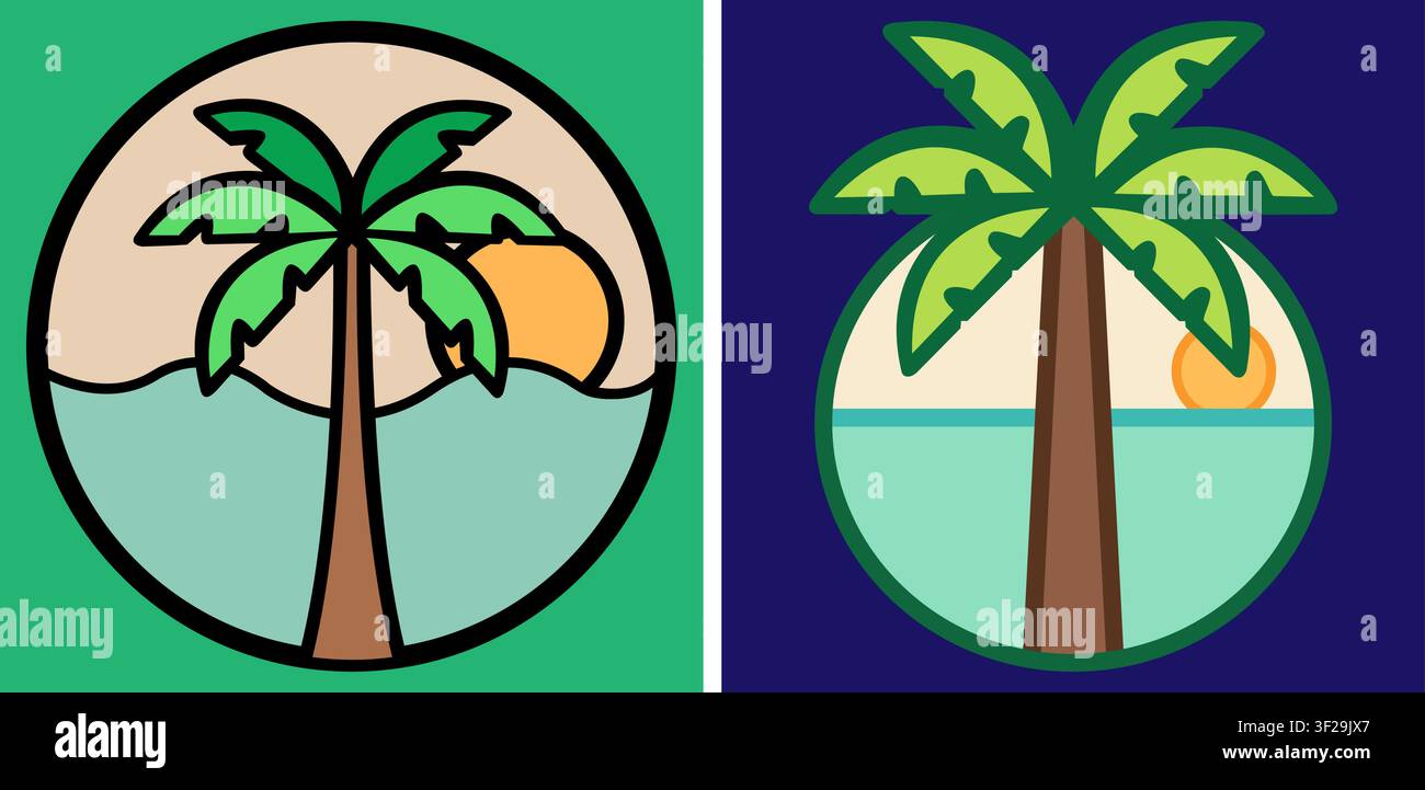 Zwei stilisierte ovale Illustrationen mit Palmen auf einem tropischen Strand bei Sonnenuntergang Stock Vektor