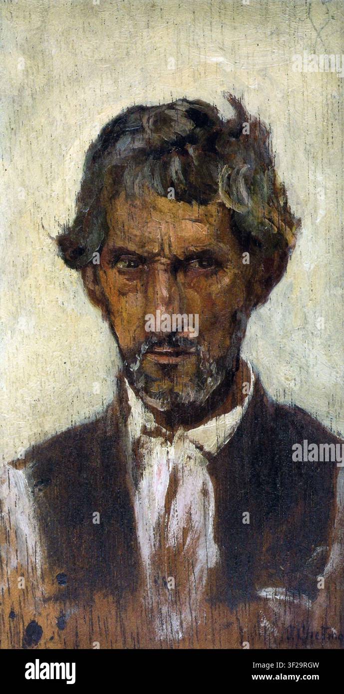 Józef Chełmoński; Porträt eines Mannes 1885; Porträt eines Mannes; Büste und Gesicht eines reifen Mannes – ein Bauer; die Figur wird geradeaus gezeigt, en face Stockfoto