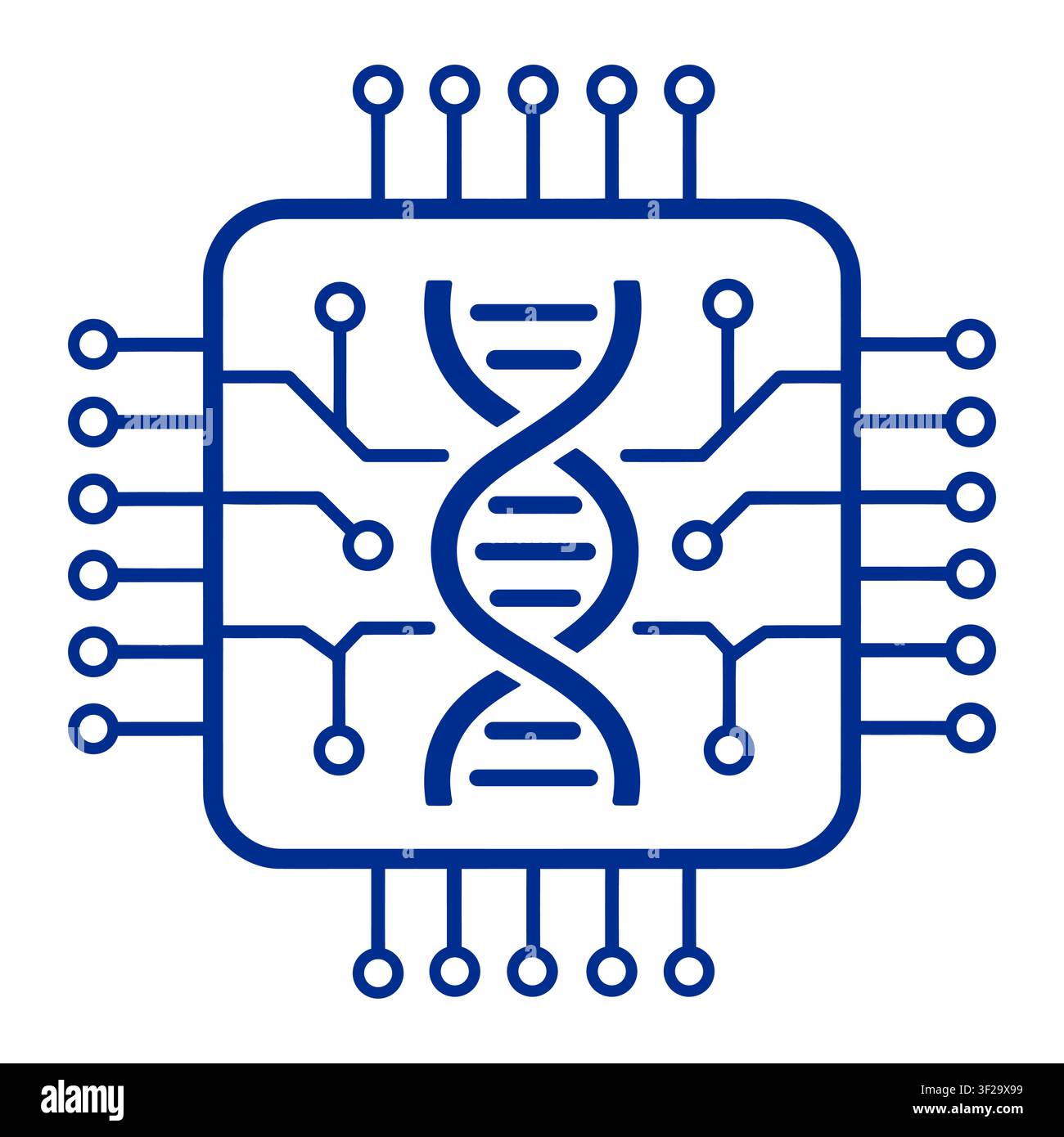DNA-Helix-Struktur in einem Computerchip mit digitalen Leiterplattenlinien auf einem sauberen weißen Hintergrund, für Biotechnologie und Tech-Konzepte Stock Vektor