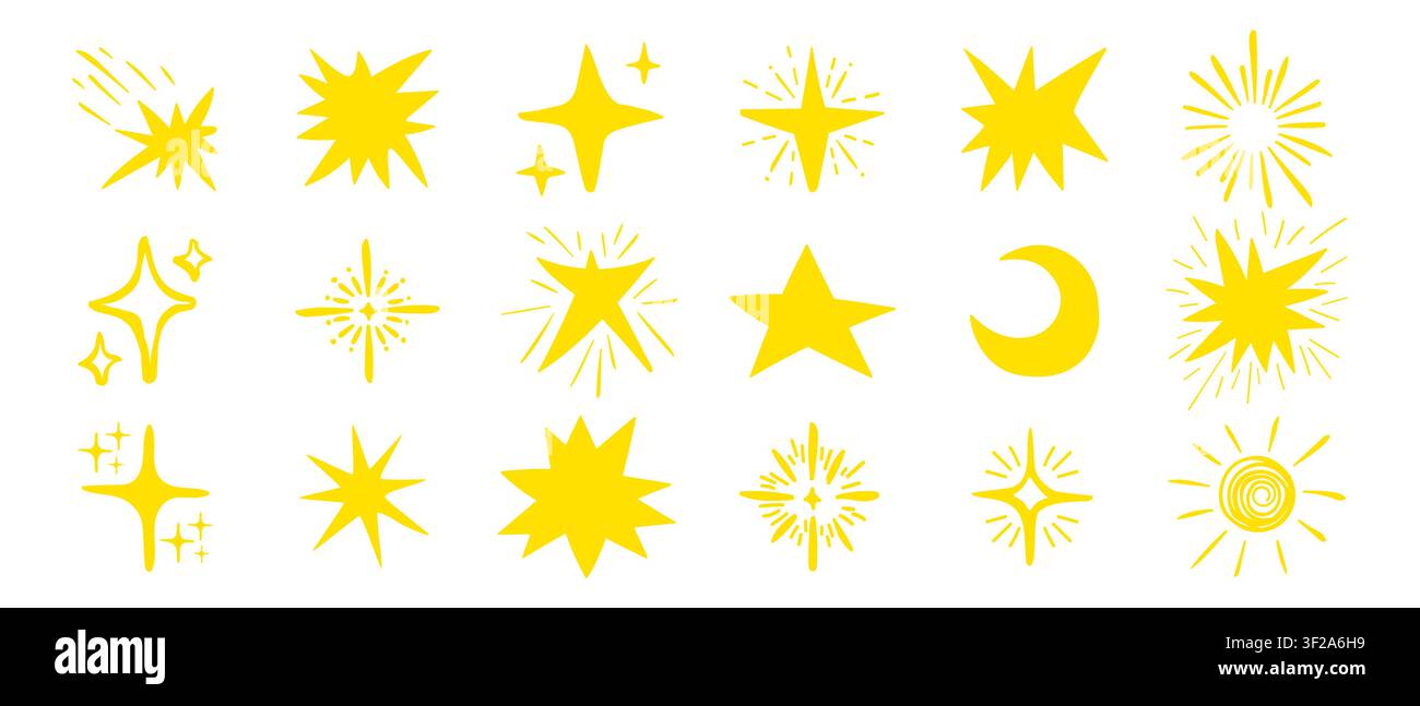 Handgezeichnete Stern-Icons mit funkelnden Effekten und magischem Glitzer. Skizzenstil-Vektorelemente mit funkelnden Lichtern und niedlichen Doodle-Sternen für Stock Vektor