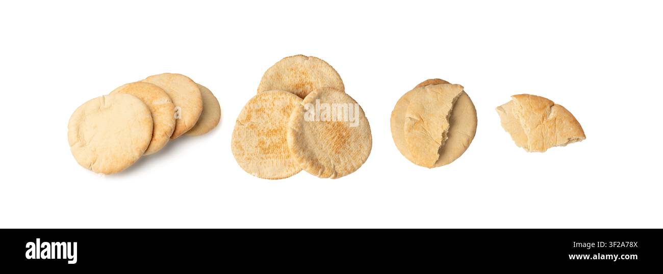Fladenbrot isoliert, gebrochenes Weizen-Pitta-Fladenbrot, auch bekannt als arabisches Brot, geschnittener Chapati, griechisches Pita-Naan, Khubz oder Tortilla auf weißem Hintergrund Stockfoto