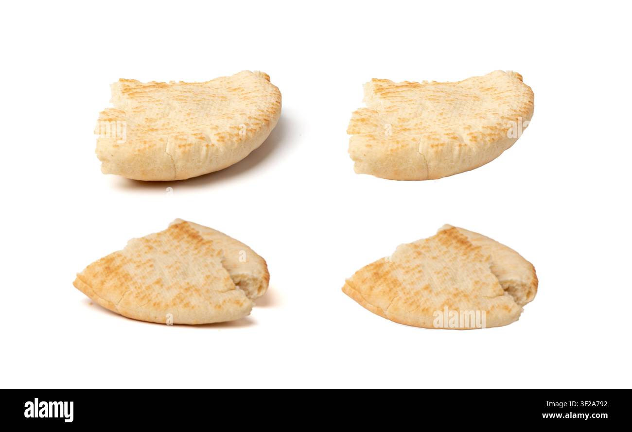 Fladenbrot isoliert, gebrochenes Weizen-Pitta-Fladenbrot, auch bekannt als arabisches Brot, geschnittener Chapati, griechisches Pita-Naan, Khubz oder Tortilla auf weißem Hintergrund Stockfoto